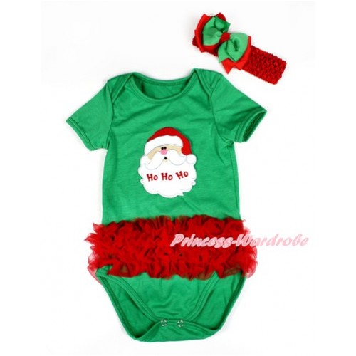 Xmas Kelly Green Baby Jumpsuit with Triple Red Ruffles & Santa Claus Print TH429 
